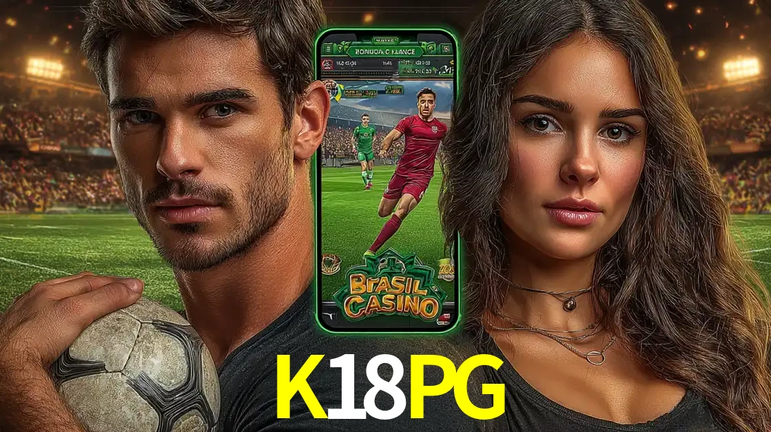 Homem segurando uma bola de futebol e uma mulher ao lado de um smartphone exibindo o jogo de apostas esportivas da K18PG. Faça seu palpite no cassino online.
